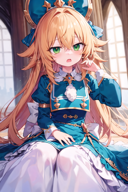 <lora:worriedeyes_v100:1>
insanely detailed, absurdres, ultra-highres, ultra-detailed, best quality,
1girl, solo, nice hands, perfect hands,
BREAK
princess, princess dress with many frills, teara on hair,
upset, open mouth,
sitting, cute pose,
from front, cowboy shot,
BREAK
slender, kawaii, perfect symmetrical face, ultra cute girl, ultra cute face, ultra detailed eyes, ultra detailed hair, ultra cute, ultra beautiful,
BREAK
(fantasy world, in castle), depth of field,
medium large breasts, (cleavage:-1.5)
BREAK
blonde hair, long hair, messy hair, green eyes, hair between eyes