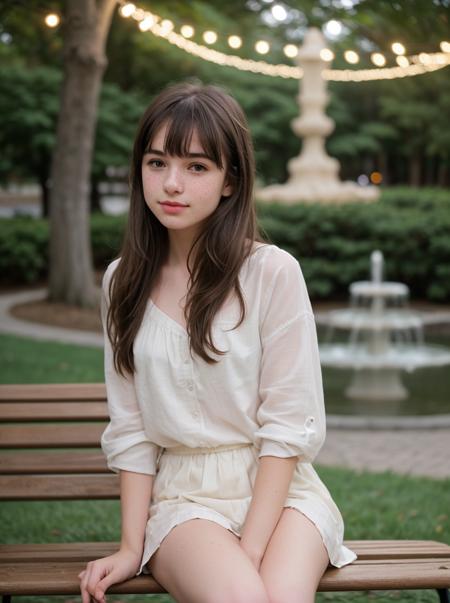 a cute college girl with brunette hair, sitting on a bench, pale skin, bangs, freckles, blush, detailed skin, pouting, innocent, petite, fountain, trees, flowers, natural lighting, warm tones, string lights, film grain, bokeh, Porta 160 color, shot on ARRI ALEXA 65, sharp focus on subject, Fujifilm XT-3, <lora:picxer_real:0.8>