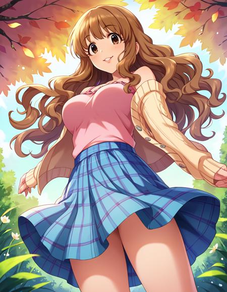 mrbskrr, mrbskrr, tall female, long hair, brown hair, wavy hair, twintails, hair ribbon,  brown eyes,  medium breasts,  score_9, score_8_up, score_7_up, source_anime,