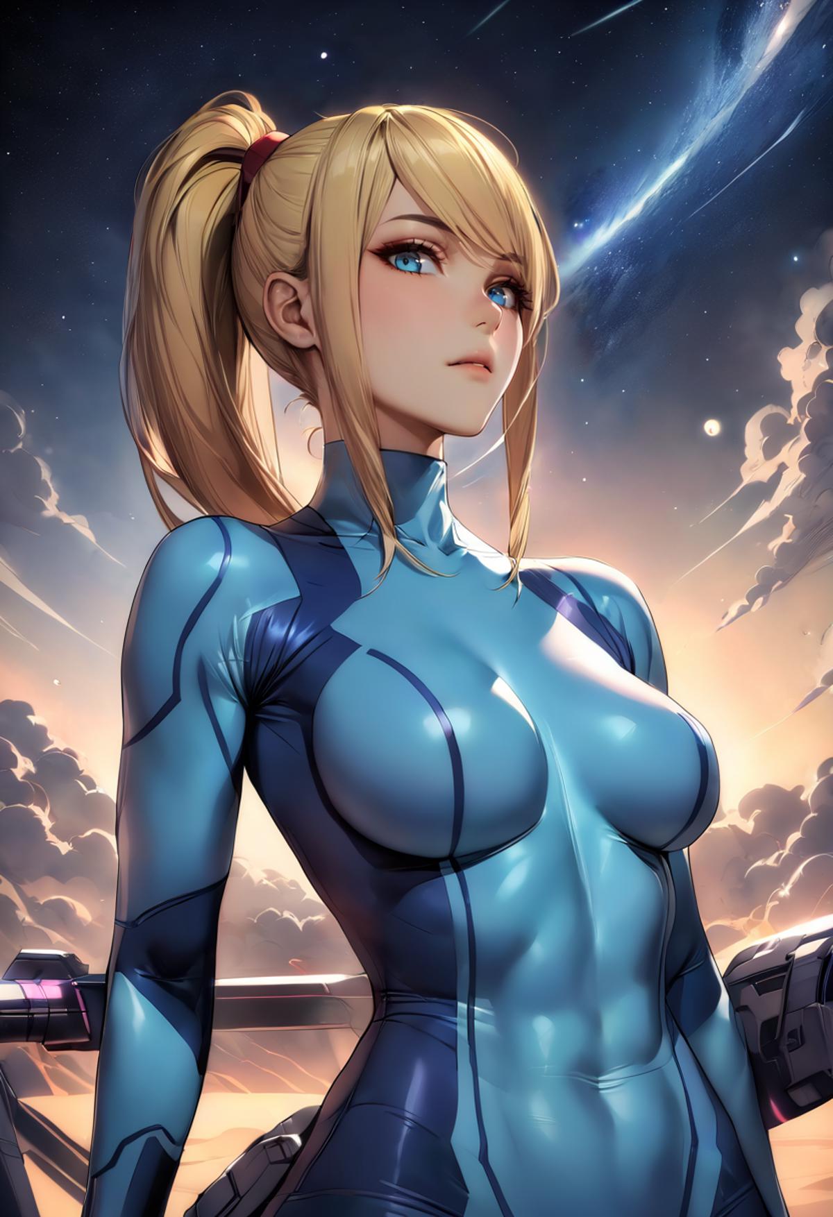 A sexy anime woman with blue eyes and a blue outfit.