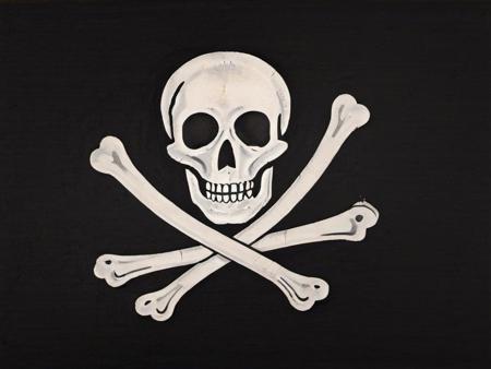 a skull and crossbones, a death's head over crossed bones, black field background, jolly roger