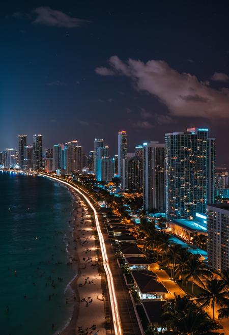 cinematic photo the sky is dark, night on a summer miami beach, miami, miami synthwave, miami beach, vice city, palms and miami buildings, night time city background, cities flourishing, tropical coastal city, vibrant city lights, night - time city background, beautiful cityscape background, super wide view of a cityscape, beautiful cityscape, modern city scape, city at night,, <lora:Art Brenner CLIP:1>,Art Brenner, . 35mm photograph, film, bokeh, professional, 4k, highly detailed