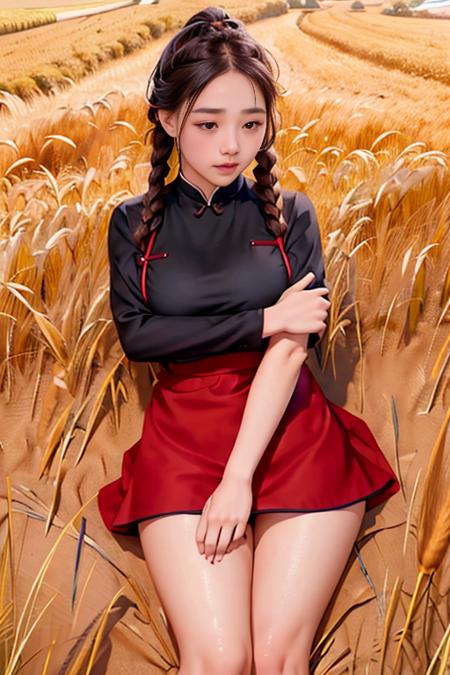 <(realistic:1.3), intricate details>, 1girl,full body,legs,wheat field,  braided bangs,braided ponytail,(solo:1.2),apron,thick thighs,side-tie panties, balck hair, 16yo,(on back:1.2),(cungu:1.2) ,<lora:cungu:1> ,red dress