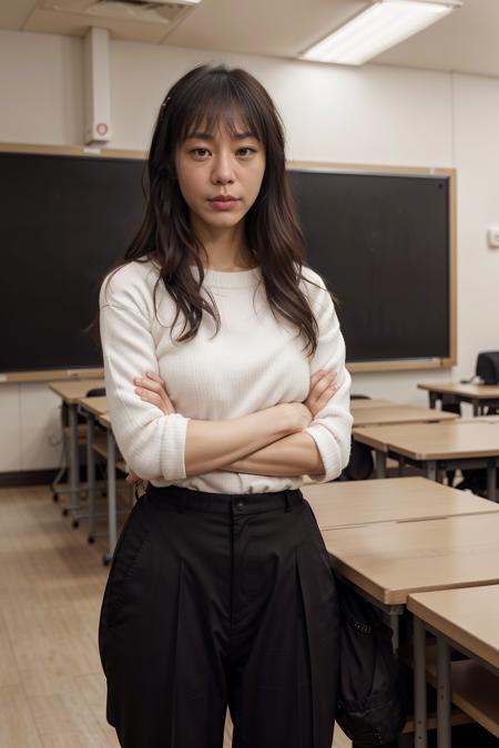 close portrait of x1a_n0texist in a sweater and slacks, standing at the front of a classroom, arms folded.