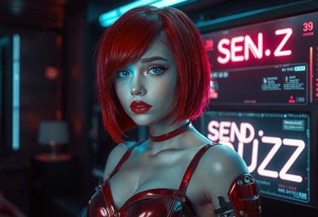 Prompt: score_9, score_8_up, score_7_up, photorealistic, cyberpunk style:0.8, (masterpiece), best quality, 1woman, 25 year old woman, cybernetic girl, (standing on right side of photo, pale white skin, human body, cybernetic arms:0.9, solo, cute round face:0.8, realistic smooth pale white skin:0.9, highly detailed cybernetic blue eyes that glow faintly:0.9,  full pouty lips, parted lips, glossy red lipstick:0.9, bright red hair:0.9, chin length asymmetrical bob haircut with bangs:0.9, hair falling over part of her face covering one eye, portrait, red metallic corset, medium round breasts, cleavage, collarbone, bangs, looking_at_viewer, shoulders at an angle to viewer in classic portrait pose, dark futuristic interior background, neon details in background, inside sci-fi looking apartment, large translucent computer monitor has words “SEND BUZZ”:1.5, 
EyesHD, gradient lips a, glossy lips, shimmery eyeshadow, mascara, winged eyeliner, shimmering eyeshadow, realistic
