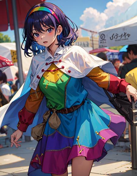 Tenkyuu Chimata, multicolored hairband, multicolored dress, zipper lines (clothes), cape, cloud print, brown bag belt, Where is that Bustling Marketplace Now, 1girl
<lora:Tenkyuu_Chimata_v2.0:0.85>