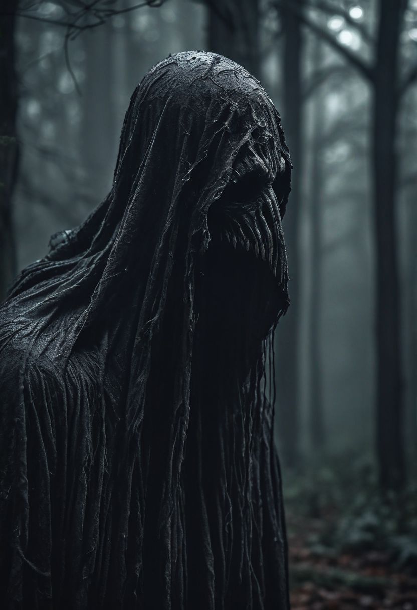 dark closeup of a scary dementor in a dark forest, fog, rain, no face, face not visible, shot at night, extreme detailed, majestic, hdr, realistic, dark lighting,