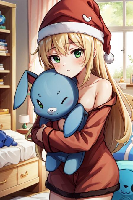 miru blonde hair, green eyes, long hair, messy hair, expressionless, pajamas, nightcap, x hair ornament, off shoulder