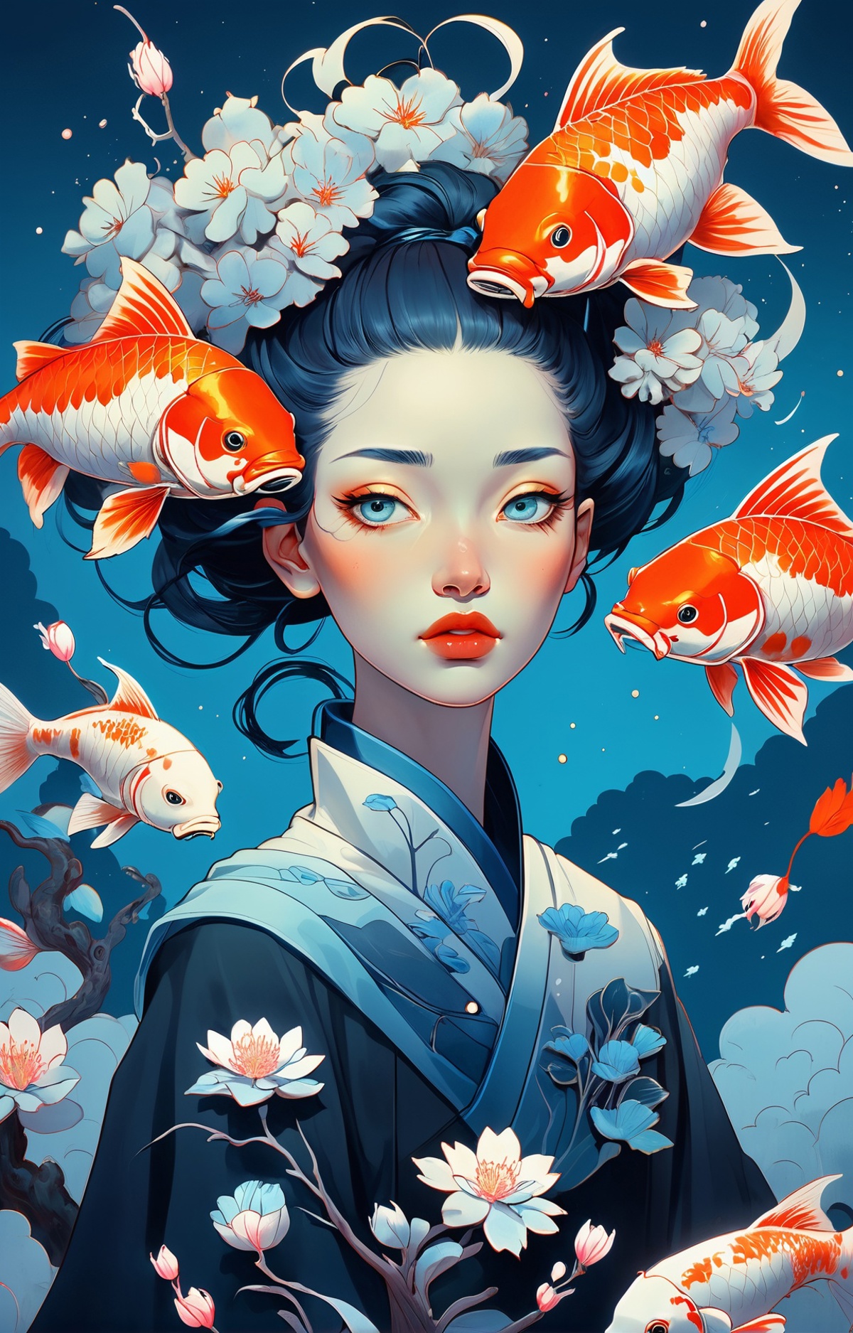 A painting of a woman with a flower in her hair surrounded by fish.