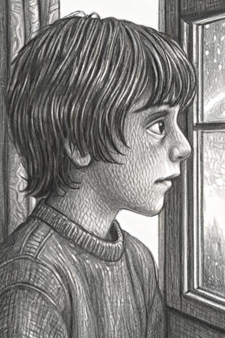 a drawing of a boy looking out a window by Brian Selznick <lora:Brian_Selznick_Style_XL:1>