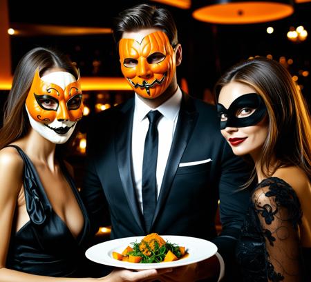 a man and sexy a woman, a luxurious restaurant, dinner, a pumpkin mask on the man's face,