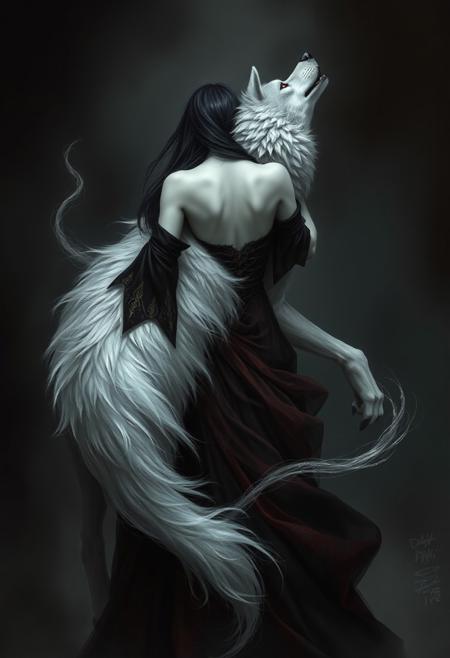 Monochrome, black and white photo, a digital painting featuring a mystical and haunting scene. At the center is a young woman with pale skin and long, dark hair, dressed in a flowing black and red dress adorned with gold accents. Her back is to the viewer, and she appears to be embracing a large, ethereal wolf. The wolf's fur is predominantly white, with hints of gray, and it has piercing red eyes that seem to glow ominously. The wolf's fur is rendered in a way that suggests movement, with wisps and tendrils swirling around the woman and the wolf. The background is dark and shadowy, with subtle hints of a misty or smoky atmosphere that adds to the mystical and otherworldly feel of the image. The overall color palette is dominated by dark tones with occasional highlights of white and gold, creating a dramatic and surreal effect. The style of the painting is highly detailed and realistic, with a focus on texture and movement, giving it a lifelike yet fantastical quality. The woman's dress and the wolf's fur are rendered with intricate detail, emphasizing the contrast between the delicate human form and the wild, untamed nature of the wolf.