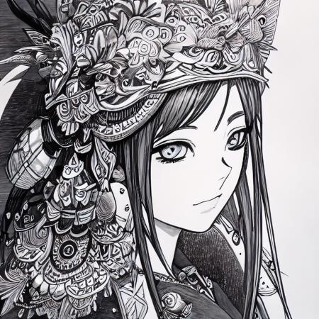 DBlinebrush style, masterpiece, 1girl, beautiful portrait of anime female adventurer, monochrome