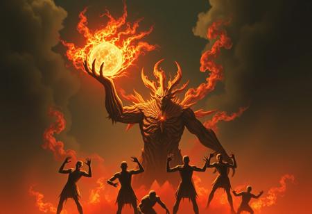 One of the creature's raised hands holds a pulsating, radiant red orb, emitting a blinding glow that casts stark, fragmented shadows across the scene.
Surrounding this imposing figure are several smaller, similar entities, their forms swirling and indistinct, as though emerging from the fiery substance. They encircle the central creature in chaotic, dynamic poses, heightening the sense of supernatural turmoil. The backdrop features dense, dark clouds interspersed with fiery bursts of orange and yellow, resembling an infernal storm. Smoky gradients fade unevenly into the fiery abyss, evoking an apocalyptic wasteland.
To emulate the look of 90s Japanese amateur photography, incorporate era-specific qualities: visible film grain, slight overexposure in the orb's glow, muted reds and oranges blending subtly into the darker tones, and occasional lens flare artifacts. Ensure the overall mood conveys an eerie, overwhelming sense of chaos and impending doom.