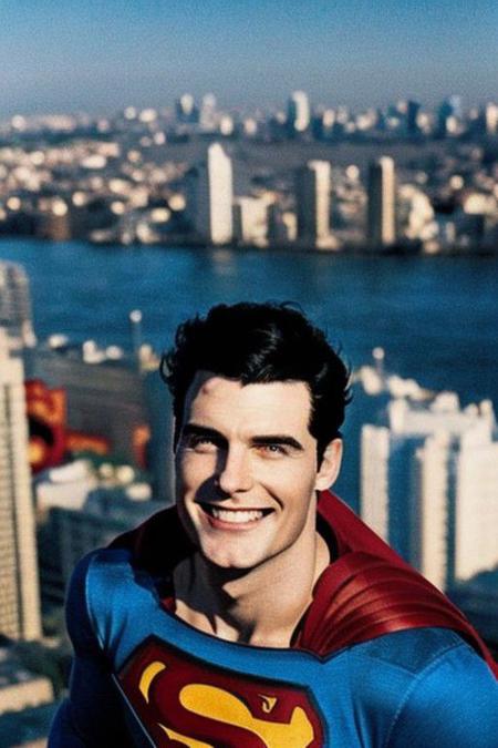 superman_oc Superman blue eyes, black hair, smiling. Medium closeup. Handsome face, photo of perfecteyes eyes. 90s flash photo, analog photo. City in background. Kodak Ektachrome. 50mm f/2.4 ISO 400