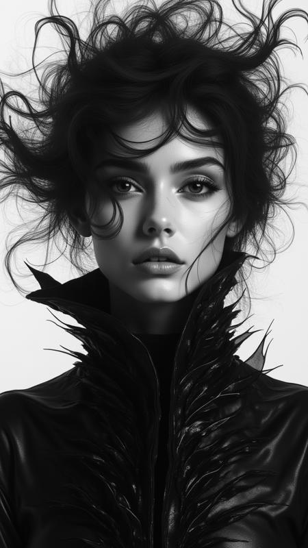 _A dramatic vertical monochrome portrait of a striking woman, blending realism with an abstract, surreal aesthetic. Her face is partially illuminated by a soft, ethereal light, casting delicate shadows that emphasize her sharp cheekbones and refined jawline. Her eyes are deep and enigmatic, framed by thick lashes, and seem to tell a story of resilience and mystery. Her hair flows wildly, merging seamlessly with abstract elements—vapor-like tendrils of smoke and splashes of liquid ink that ripple outward, creating a sense of motion and energy.

She wears a high-collared, intricately textured garment, resembling dark feathers or scales, adding an edge of strength and sophistication. In the background, faint geometric patterns—like concentric circles and angular lines—interweave with soft, misty gradients, hinting at a connection between the organic and the mechanical. The overall mood is intense and captivating, with bold contrasts of light and shadow enhancing every detail._