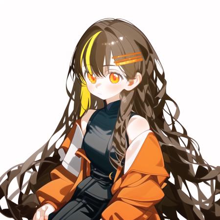 orange eyes, hair ornament, multicolored hair, jacket, long hair, hairclip, brown hair,