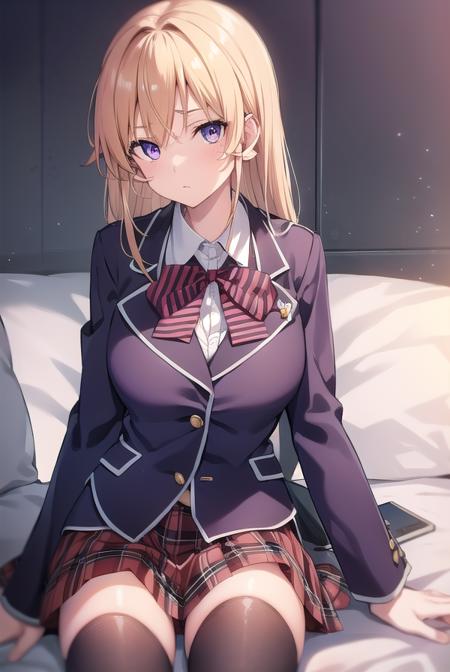 erinanakiri, <lora:erinanakiri:1>, erina nakiri, blonde hair, (medium breasts:1.2), (purple eyes:1.2), BREAK skirt, thighhighs, bow, red bow, school uniform, jacket, pleated skirt, black thighhighs, zettai ryouiki, plaid, plaid skirt, blazer, BREAK looking at viewer, BREAK outside, BREAK <lora:GoodHands-vanilla:1>, (masterpiece:1.2), best quality, high resolution, unity 8k wallpaper, (illustration:0.8), (beautiful detailed eyes:1.6), extremely detailed face, perfect lighting, extremely detailed CG, (perfect hands, perfect anatomy),