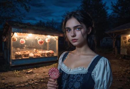 an old, abandoned sweets stand, in the night, the scenery appears dark and eerie, Slavic beauty with a sweet face holding a large lollipop in her hand is in the foreground, black hair, blue eyes, realistic picture