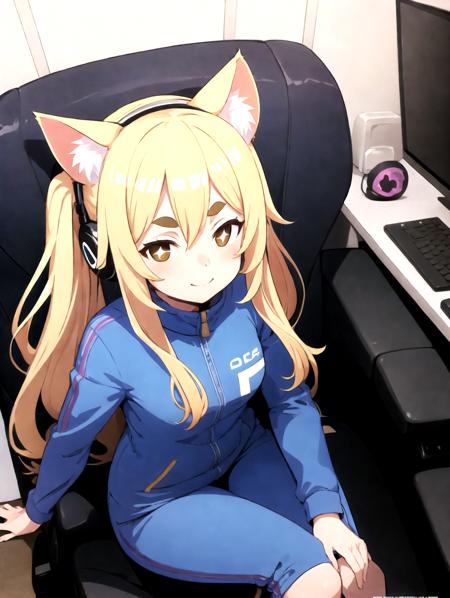 best quality, megami magazine, diagonal view, solo, keyboard \(computer\), mouse \(computer\), thick eyebrows, ω,
cat girl, blonde hair, cat ears, crossed legs, track suit, gaming chair, sitting, indoors, leaning forward, narrow room, perfect hands, cats, happy,
<lora:envybetterhandsLocon_beta2:1> <lora:mayunashi_22222_8:-1> <lora:siitake-eye:1>