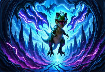 A cyberpunk movie poster featuring a majestic flying tiny t-rex soaring through a neon-lit futuristic cityscape. The tiny t-rex has glowing, cybernetic wings and radiant fins, leaving trails of vibrant blue and purple light as it glides effortlessly through an electric blue sky filled with holographic projections and towering skyscrapers. The words 'LET'S FLY' are displayed in bold, glitchy neon text, shimmering with a flickering effect, positioned prominently in the composition. The background pulsates with energy, showcasing the dynamic city streets below, illuminated by glowing advertisements and streaks of light from flying vehicles. The overall tone is vibrant, energetic, and futuristic.