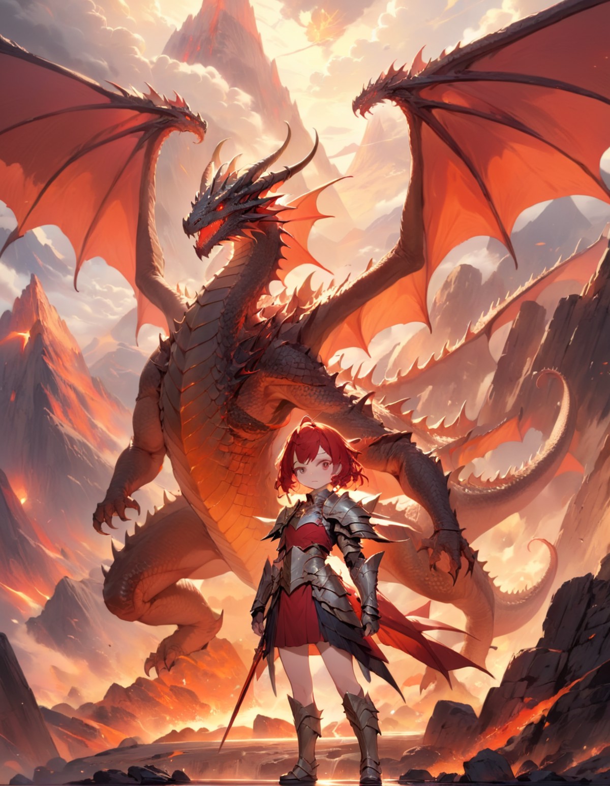 masterpiece, kawaii, anime, moe, aesthetic, 1girl, solo, dragon girl and dragon with wings, looking at viewer, standing, e...