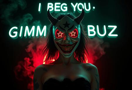 “A hyper-realistic, 3-dimensional full-figure photograph of a woman wearing a highrise mask with an exaggerated, wide, ecstatic smile and small, devilish horns curving from the sides. The mask, devoid of a nose or eyes, radiates unsettling joy, contrasting with the tattooed stars that decorate her face and add a surreal depth to her appearance. The figure stands confidently, with a dynamic pose that emphasizes movement. Shot with Panavision aspherical lenses at 40mm, the scene is illuminated by cinematic studio lights, highlighting the contours of her body. A soft red, low diffuse light glows from behind, enhancing the three-dimensional effect, while light greenish fog and white smoke swirl around her in layered wisps against a pitch-black background. Above the figure, bold glowing neon letters proclaim ‘I BEG YOU – GIMME BUZ,’ floating in space and injecting a rebellious energy into the surreal, immersive atmosphere.”