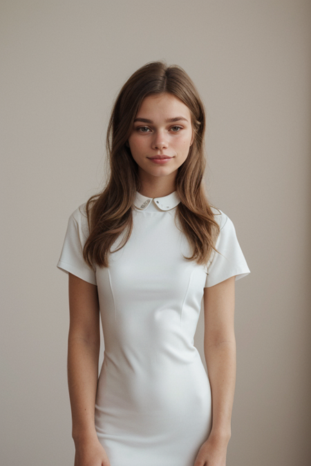 AnnaKolding, ((Sahara Desert)), ((1960s chic office attire, shift dress with Peter Pan collar, low block heels, polished and sleek bob hairdo)), (closeup on upper body), smile:0.4