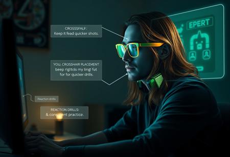 “Create a 16:9 cinematic scene where a player sits at a desk, immersed in a game, the room dimly lit by the glow of the screen. On the screen, a male AI operator with long brown hair and green and yellow reading glasses appears as a semi-transparent hologram. His glasses have a sleek, futuristic frame, reflecting the soft light of the screen, giving him an intellectual, high-tech appearance.
The player asks the operator for tips on improving aim and reaction time. The AI operator calmly advises on crosshair placement, recommending keeping it at head level for quicker shots. He also suggests reaction drills and the importance of consistent practice. Floating text or icons highlight key points like ‘Crosshair Placement’ and ‘Reaction Drills.’
The scene alternates between close-ups of the player’s focused face and the operator’s glowing form. His green and yellow glasses subtly catch the light, adding a touch of style to his digital form. The operator’s calming tone and confident demeanor inspire the player, who nods, feeling more prepared and confident to improve their skills.”