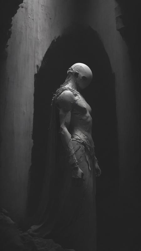 brutalist labyrinthine megastructure, white cloaked figure shrouded in tendrils of black cloth, wielding a long black blade in its clenched fist, high contrast, cinematic, wlop, concept art, digital painting, trending on artstation, highly detailed, epic composition, <lora:MJ52:0.5> <lora:add-detail-xl:1> <lora:- SDXL - vanta-black_contrast_V3.0:0.9>