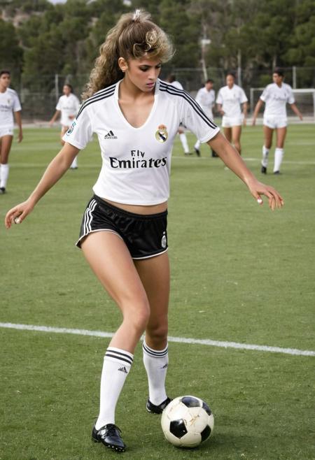 1girl, 19yo, wearing a Real Madrid soccer uniform, (cleavage, midriff with abs:1.3), (booty shorts:1.3), kicking a soccer ball on pitch, masterpiece