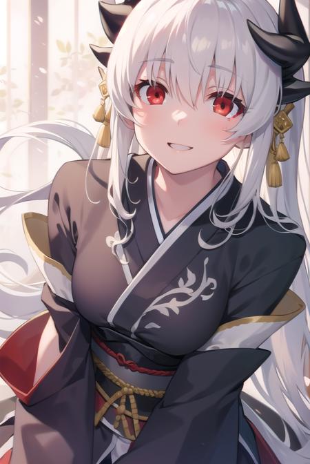 kiyohime, <lora:kiyohime-lora-nochekaiser:1>,
kiyohime, white hair, dragon girl, dragon horns, horns, long hair, (red eyes:1.5), smile, (small breast:1.2),
BREAK japanese clothes, obi, sash, thighhighs, wide sleeves, yukata,
BREAK looking at viewer,
BREAK indoors,
BREAK <lyco:GoodHands-beta2:1>, (masterpiece:1.2), best quality, high resolution, unity 8k wallpaper, (illustration:0.8), (beautiful detailed eyes:1.6), extremely detailed face, perfect lighting, extremely detailed CG, (perfect hands, perfect anatomy),