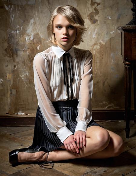 feminine skinny young femboy, ash blonde air, full figure, muscular legs, high heels, micro pleated skirt, chiffon blouse,  seated on the floor, photography similar to the style of Lee Jeffries, but in color and with a more positive mood, (dynamic lighting:1.2), professional photography, (long exposure:1.1), (film grain:0.9), HDR