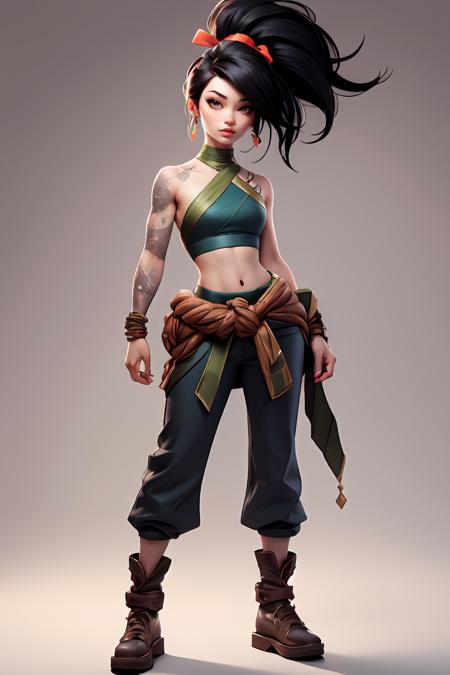 (masterpiece, best quality:1.2), intricate details, <lyco:GoodHands-beta2:1>, <lora:lol_akali-000012:1>, akali, 1girl, crop top, pants, hair ribbon, bare shoulders, ponytail, tattoo, black hair, <lora:GoodHands-beta2:1>