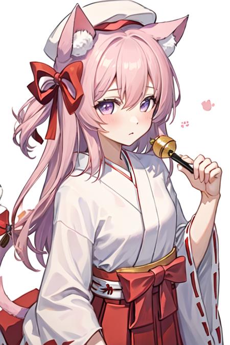 best quality, masterpiece, highres, solo, {white kimono:1.35}, {red hakama:1.35}, {wide sleeves:1.20}, {kisaragi_azurlane:1.15}, long_hair, animal_ears, cat_ears, pink_hair, ribbon, blush, pink_eyes, hat, animal_ear_fluff, bow, cat_tail, tail, school_hat, bangs, one_side_up, yellow_headwear, hair_between_eyes, hair_ribbon, purple_eyes, ears_through_headwear, very_long_hair