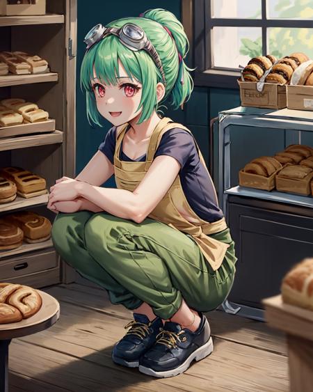 best quality, (masterpiece:1.2), illustration, absurdres,
(1girl, solo), (beautiful detailed girl),
<lora:Mint-06:0.7>, Mint, green hair, red eyes, small breasts, thin, petite, goggles on forehead, goggles on hair,black vest, (brown apron:1.2), blue sneakers, green pants,(engineer, mechanic:1.1),tool belt, tool apron,,
((inside intricate detailed bakery)), bread, pastries, table, store, shop,,
looking at viewer, happy, full body shot,, (squatting:1.1)