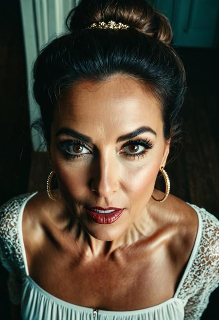 <lora:chav_pny-6:0.7> chav style, milf chav. Fifty-year-old. mouth open wide to receive. puffy lips. Chav white lipstick. Huge glossy white lips. White lipstick. Botox lips. Hair bun. Large gold hoop earrings. cinematic still highly detailed eyes . high budget, cinemascope, moody, epic, gorgeous, film grain, grainy, photograph highly detailed eyes, 50mm . cinematic 4k epic detailed 4k epic detailed photograph shot on kodak detailed cinematic hbo dark moody, 35mm photo, pov view, from above, grainy, vignette, vintage, Kodachrome, Lomography, highly detailed, found footage, realistic portait photo of beautiful 56-year-old woman with long brown hair, standing, looking at viewer, influencer, begging,  clear and intense dark-brown eyes, winking, instagram, cleveage, highly detailed eyes, cute, perfect full colorful coherent cinematic composition, sharp focus, elegant, highly intricate, generous, inspired, pretty, fine, complex background, artistic, light, crisp, color, clear, aesthetic, very inspirational, vibrant, radiant, bright, vivid, gorgeous, focused, loving, symmetry, thought, elite, polished, beautiful, stunning