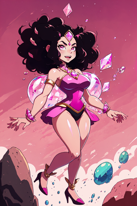 <lora:Su_Inspo:0.8>  big hair, black hair, breasts, bubble, forehead jewel, full body, giantess, jewelry, looking at viewer, pink hair, pink skin, short hair, solo, teeth, upper body, Steven Universe