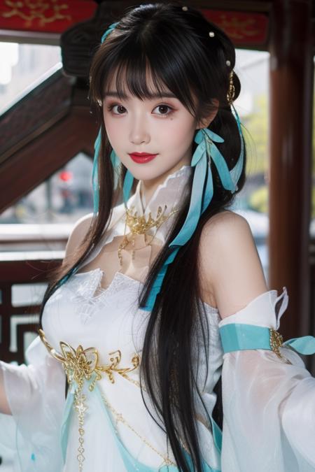 suwen, 1girl, solo, cosplay, hanfu,chinese clothes, necklace,  bare shoulders, detached sleeves, long sleeves, detached collar,shoes,  hair ornament, hair ribbon, hair flower,  jewelry,  long hair, brown hair, bangs,