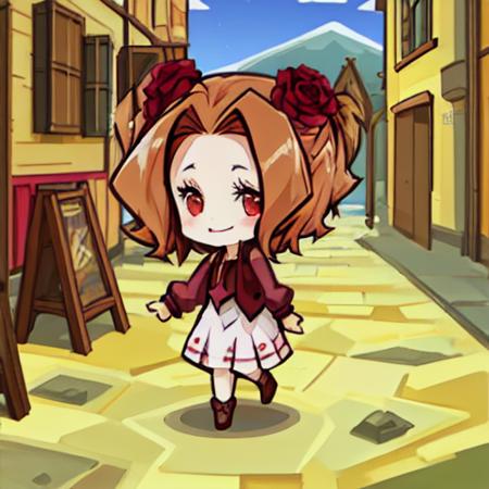 solo, dahlia, cute, red eyes, chibi, walking, stone buildings, city <lora:pk_dahlia-000008:1>