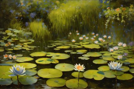 albert_bierstadt, a painting of a garden, koi pond, water lilies, landscape <lora:Albert_Bierstadt:1>