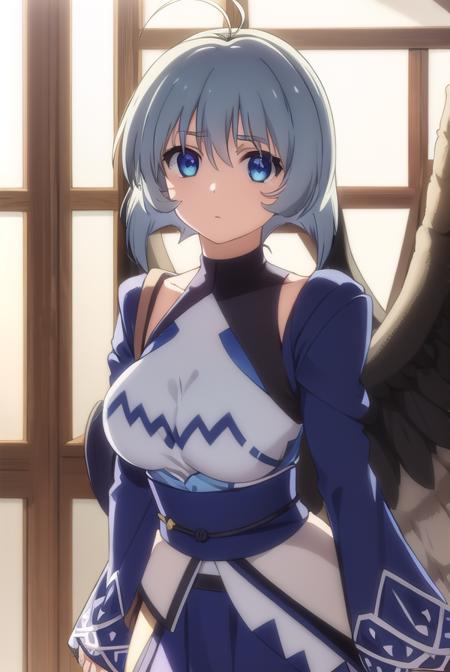 kamyu, short hair, blue eyes, ahoge, antenna hair, dress, wings, black wings, blue dress, long sleeves, puffy sleeves,