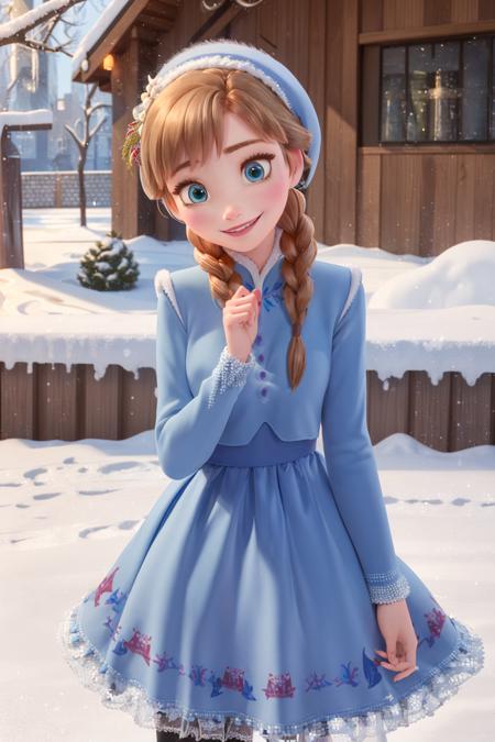 (masterpiece:1.4), (best qualit:1.4), (high resolution:1.4), anna of arendelle, smile,;D, blue christmas dress, twin braids, outdoors, snow, winter, peace sign,<lora:anna_of_arendelle_v2:1> looking at viewer,