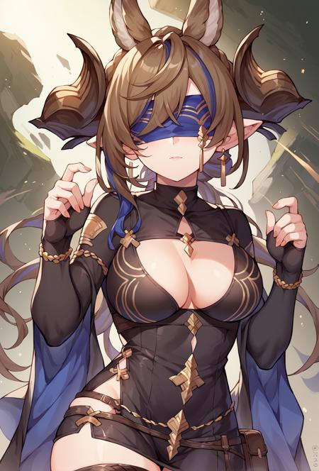 galleondef, horns, closed eyes, dress, white gloves, frills, detached sleeves, frilled sleeves, thighhighs, thigh strap, pelvic curtain galleonlco, horns, blindfold, black dress, cleavage, cleavage cutout, thigh strap