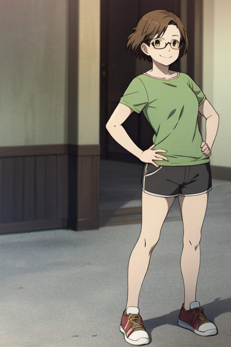 numatamineko, brown eyes, a cartoon character with short hair and glasses, 1girl, green shirt, solo, shirt, shorts, glasses, full body, hand on hip, shoes, short sleeves, smile