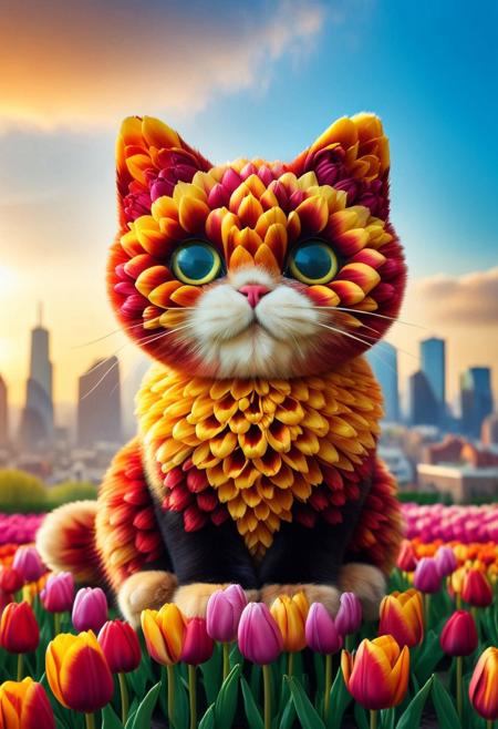 cinematic film still breathtaking jaynl-tm
<lora:TulipMania:1> made of tulips <lora:add-detail-xl:1>
A captivating illustration masterpiece of a very funny ((cute tulip cat)) made of tulips,  with ( (((huge))) ((oversized)) ((manga-style eyes)):1.2), feline is gazing very longingly into the camera lens. The cat's tulip fur contrasts with its sleek black attire, and it sits on a transparent cloud, as if levitating above the ground. The background showcases a vibrant cityscape with towering tulip skyscrapers and a dramatic sunset, creating a delightful mix of urban and whimsical elements, from above, masterpiece, award-winning, professional, highly detailed, shallow depth of field, vignette, highly detailed, high budget Hollywood film, bokeh, cinemascope, moody, epic, gorgeous, film graina