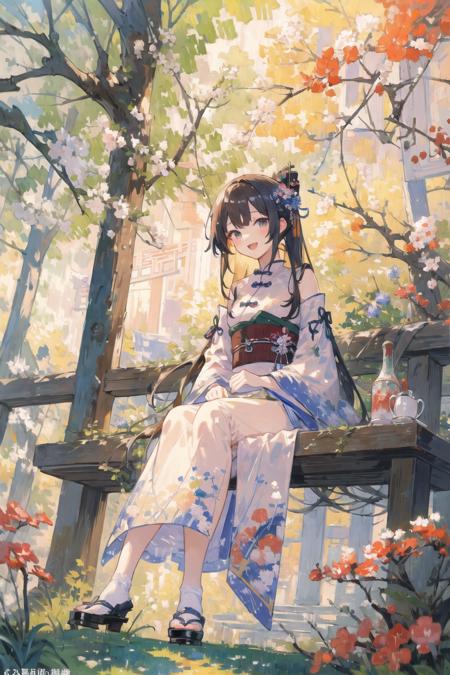 8620 \(Maitetsu\),masterpiece, best quality, ultra-detailed, illustration,looking at viewer,white chinese clothes,:d,sitting,(Impressionism:1.4),