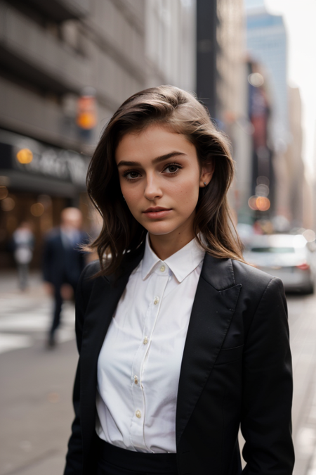 PaigeBonvallet2-300, photography by (Rodney Smith:1.3), ((face focus, shoulders)), modelshoot, pose, (business suit, black jacket, white blouse, facing viewer, busy Manhattan sidewalk, looking at viewer, blurry background, bokeh, ID photo:1.3), serious look