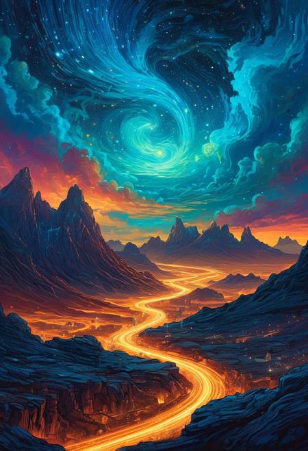Cape Town in the Van Gogh style, starry sky, Dan Mumford, Andy Kehoe, In a realm beyond mortal comprehension, a being of unyielding curiosity dwells. Half-human, half-machine, its visage splits down the center, revealing a chasm of glowing neon lights that pulse with an otherworldly energy. The subject floats amidst the vast expanse of space, surrounded by swirling clouds of iridescent gas and stars that burn with an ethereal intensity. As the light from the nearby nebula casts an eerie glow, the being's face becomes a canvas for the cosmic ballet. Neon blue hues dance across its features, imbuing the scene with an unearthly beauty,  ethereal sickdark, surreal macabre aesthetics otherworldly beauty  detailed