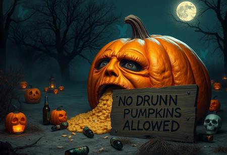 “Enormous orange pumpkin with a tired, worn-out expression, sitting on the ground as it vomits its own pumpkin guts. Empty beer bottles scattered around, as if it just had a long night of drinking. Surrounding the pumpkin are spooky Halloween elements: glowing jack-o’-lanterns, eerie fog creeping along the ground, flickering candles inside skull-shaped lanterns, and a few scattered candy wrappers. A full moon casts a dim light over the scene, with creepy shadows from nearby trees and faint ghostly figures in the distance. In front of the pumpkin, a decayed, broken wooden sign with deep engravings reads ‘NO DRUNK PUMPKINS ALLOWED,’ adding a darkly humorous touch to the eerie atmosphere.”